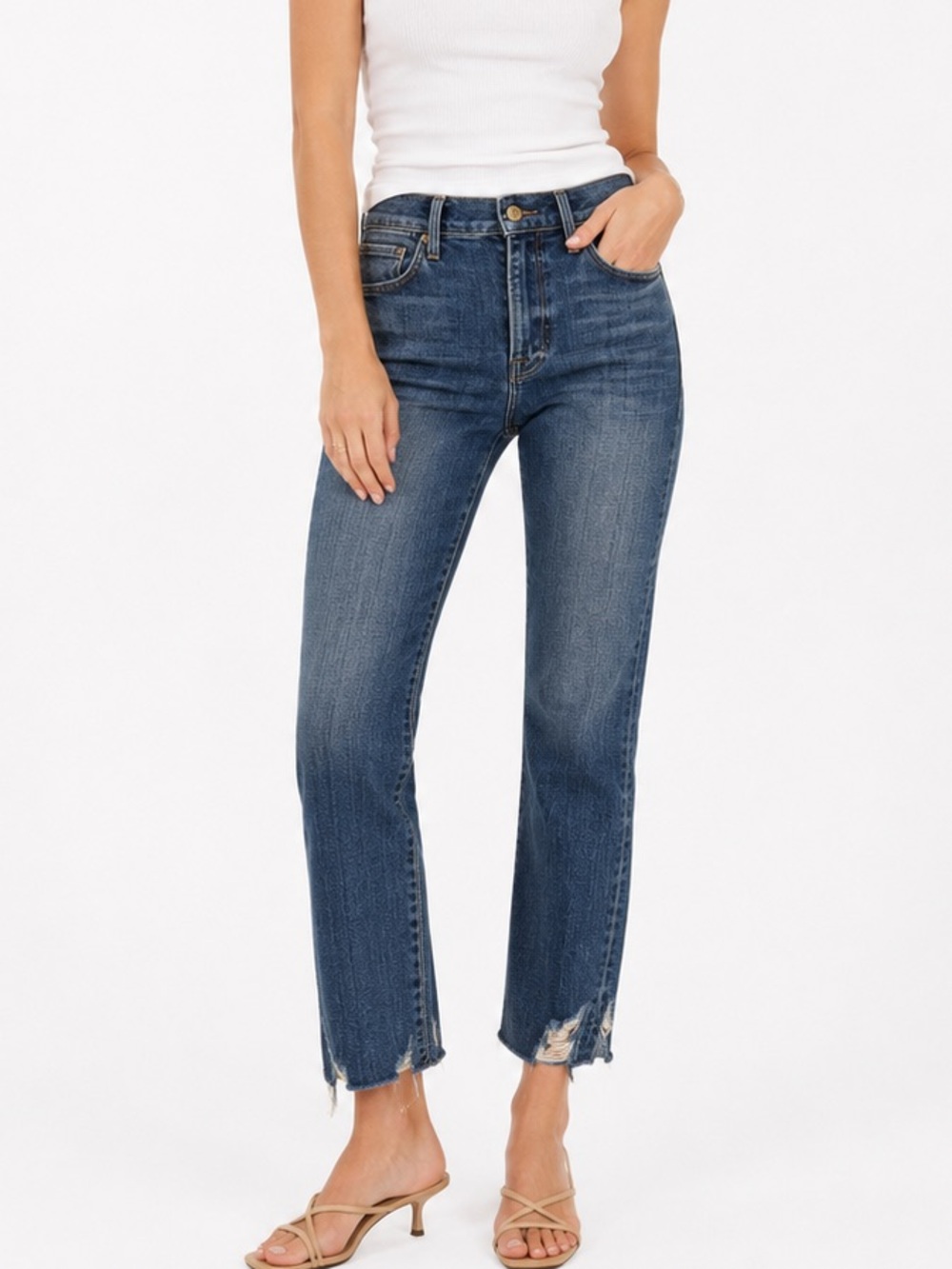 FRAME Le High Straight Jeans Stallion Chew Distressed Hem Blue Size 27 LHST865